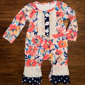 Floral Baby Romper with Lace Accents, Ruffles, Polka Dot